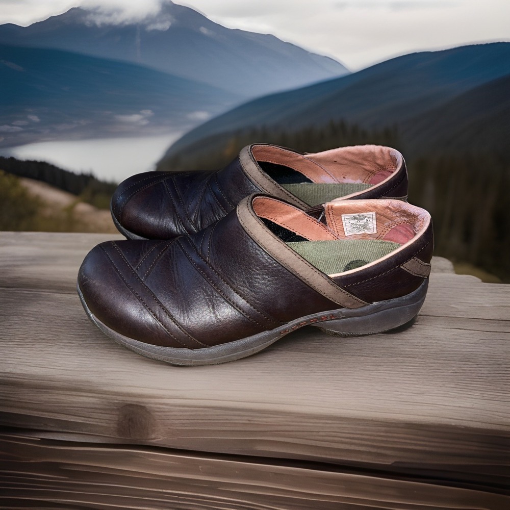 Merrell Shoes Womens 8 Clog Garden Shoes Brown Leather Comfy Casual Shoe Clean‎